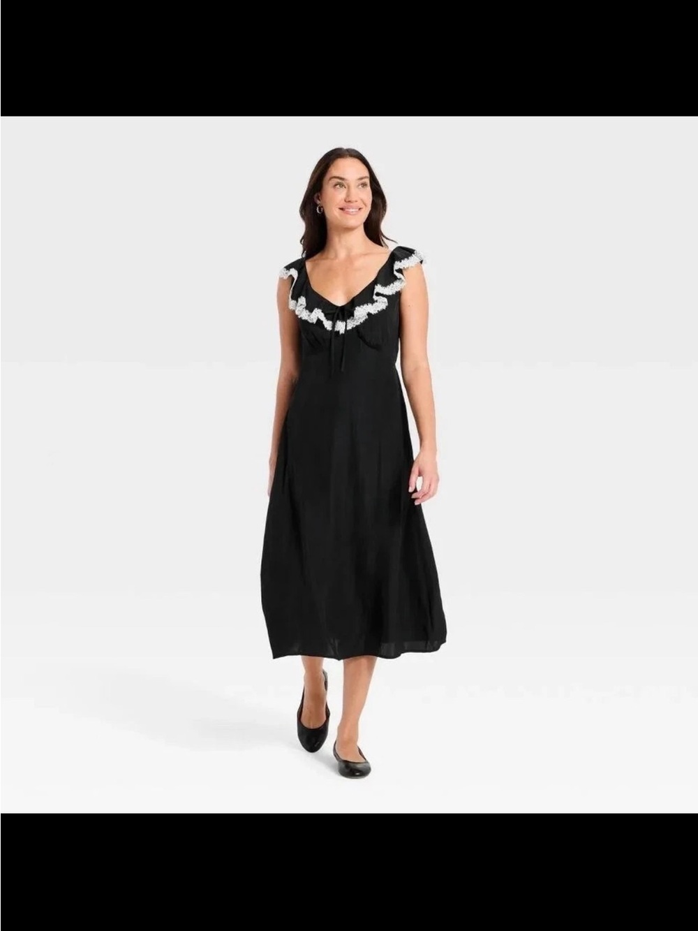 Black Ruffled V-Neck Midi Dress with Lace White Trim